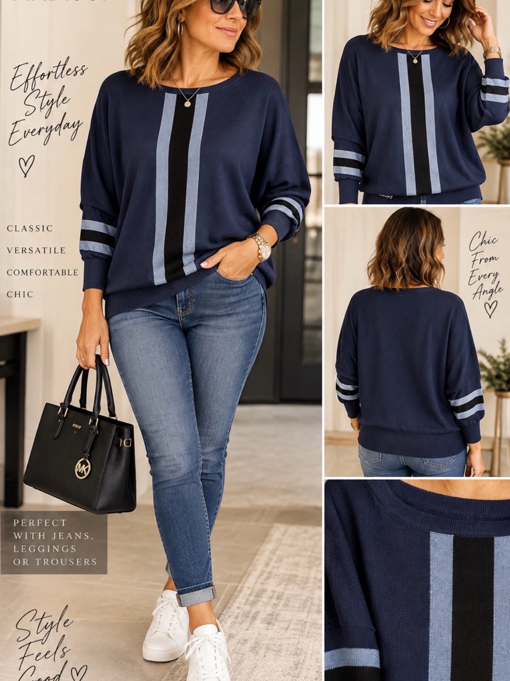 89th & Madison Navy Crewneck Sweater with Light Blue and Black Stripes